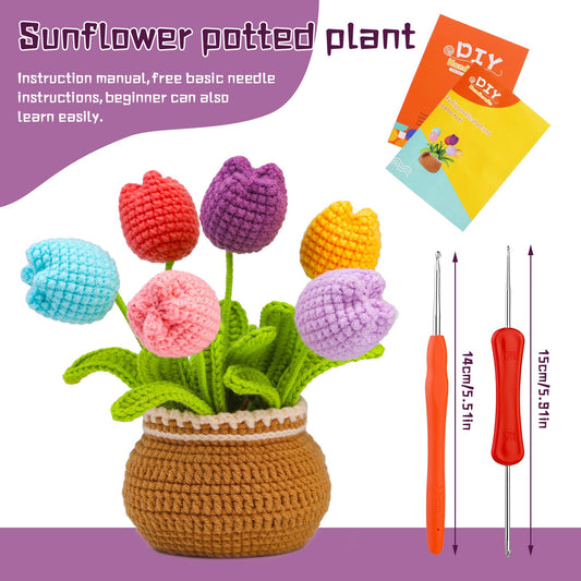Flower Crochet Kit, Crochet Starter Kit Potted Plants with Step-by-Step Video Tutorials for Complete Beginners Adults-0