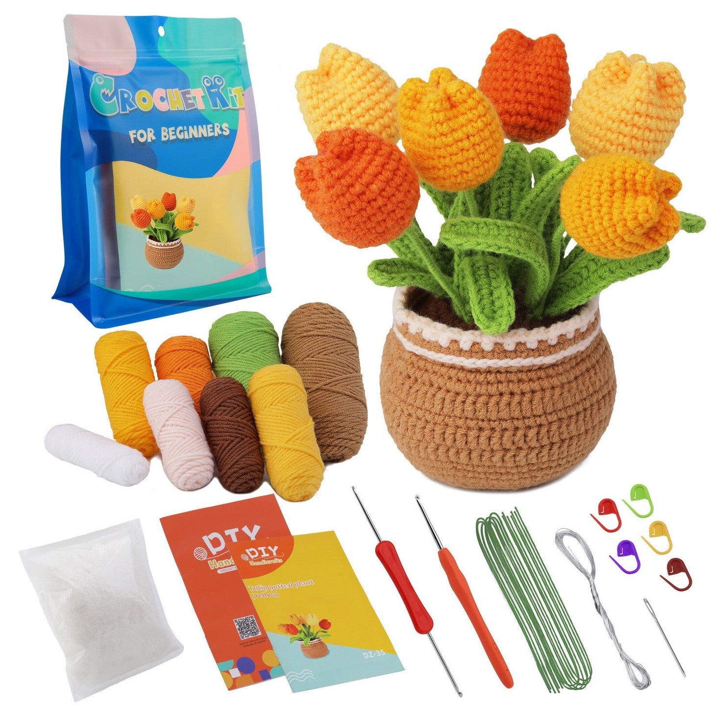 Flower Crochet Kit, Crochet Starter Kit Potted Plants with Step-by-Step Video Tutorials for Complete Beginners Adults-5