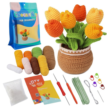 Flower Crochet Kit, Crochet Starter Kit Potted Plants with Step-by-Step Video Tutorials for Complete Beginners Adults-5