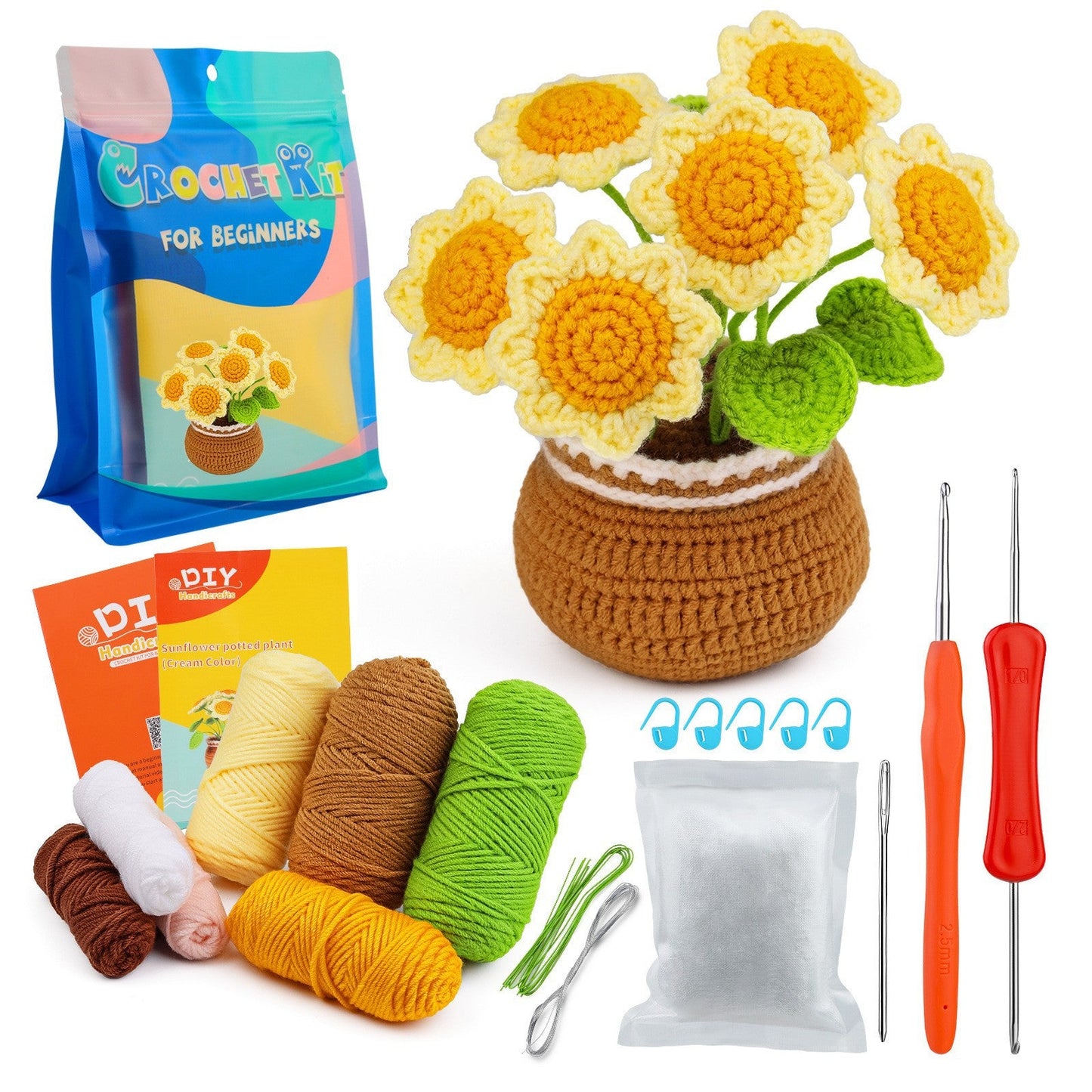 Flower Crochet Kit, Crochet Starter Kit Potted Plants with Step-by-Step Video Tutorials for Complete Beginners Adults-7